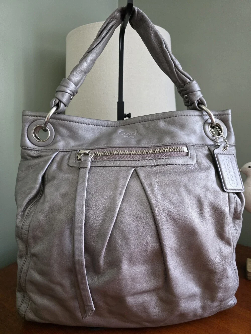 Coach F13411 Parker Shoulder Bag Metallic Silver Leather Hobo Purse Y2K